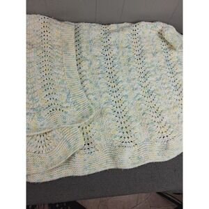 Handmade Knit‎ Baby Blanket Yellow Blue White Soft Pastel Chevron Afghan 36x38in